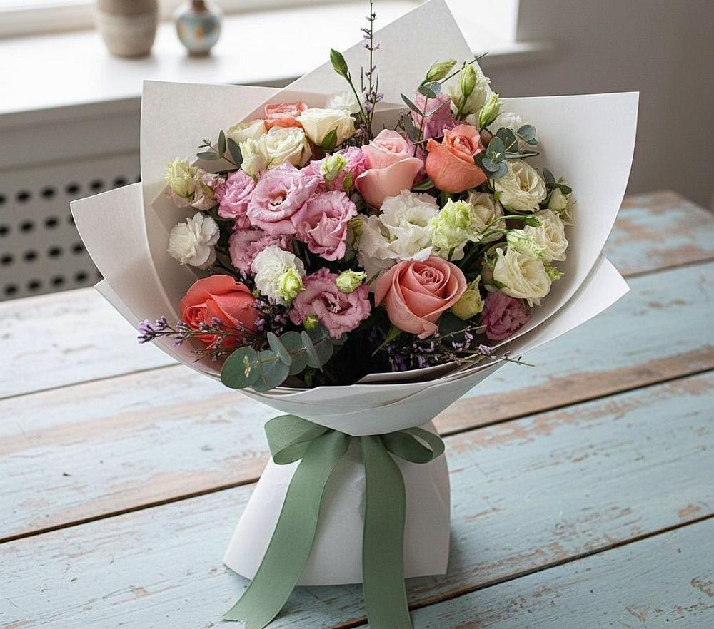 Букет цветов из: Розы, Лизиантусы и Гвоздики в Сычевке